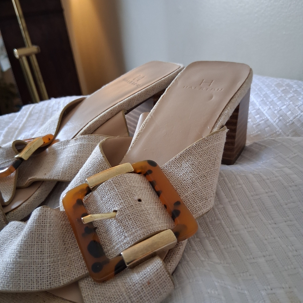 H by Halston Beige Linen Buckle Block Heel Sandals